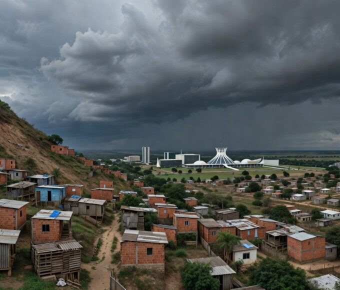 Vista de áreas de risco no Distrito Federal, com moradias precárias em encostas, afetando comunidades locais.
