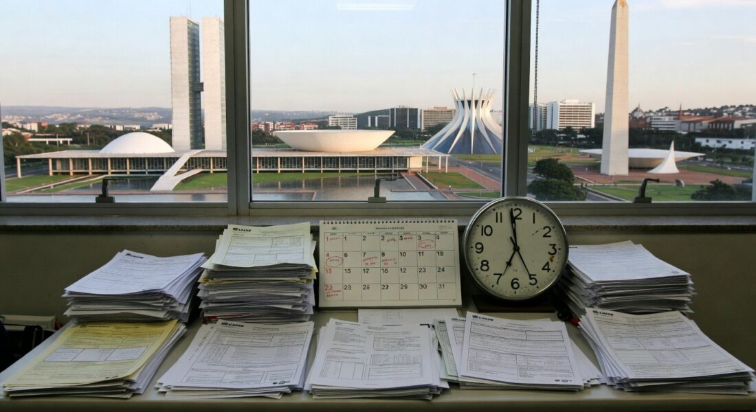 Mesa com pilhas de documentos burocráticos e relógio, simbolizando críticas à burocracia e prazos apertados nas inscrições para conselho da Caesb no DF.