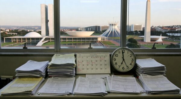 Mesa com pilhas de documentos burocráticos e relógio, simbolizando críticas à burocracia e prazos apertados nas inscrições para conselho da Caesb no DF.