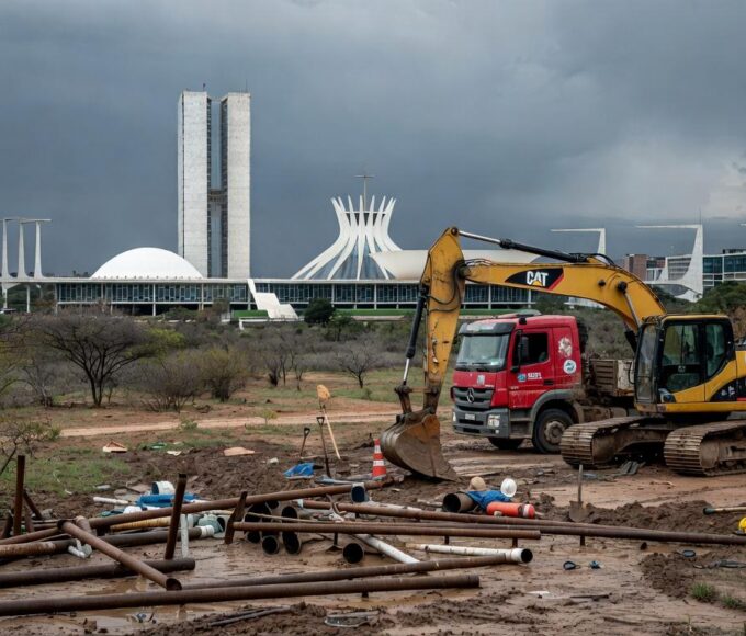 Obras de saneamento em Brasília com tubulações e equipamentos parados, destacando atrasos e riscos hídricos no DF.