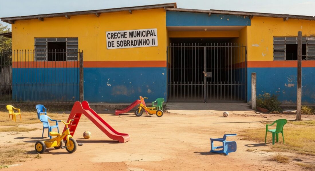 Fachada de creche em Sobradinho II com brinquedos no pátio, representando denúncia de maus-tratos.