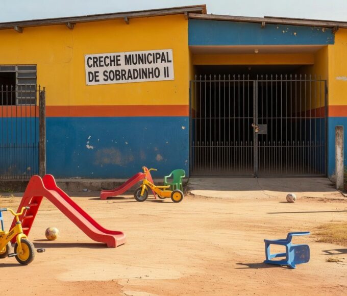 Fachada de creche em Sobradinho II com brinquedos no pátio, representando denúncia de maus-tratos.