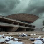 Edifício da CLDF em Brasília com templo ao fundo e documentos rasgados, ilustrando isenção de taxas para templos e rombo fiscal.