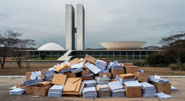 Imagem da Ceasa em Brasília com caixas de produtos agrícolas e documentos financeiros, representando aprovação polêmica de crédito.