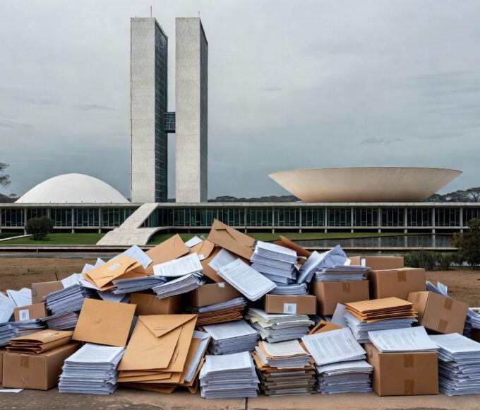 Imagem da Ceasa em Brasília com caixas de produtos agrícolas e documentos financeiros, representando aprovação polêmica de crédito.