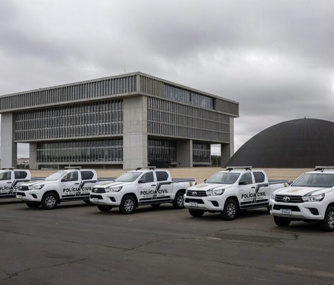 Edifício da CLDF em Brasília com viaturas da Polícia Civil, representando apoio previdenciário e alertas de déficit fiscal no DF.