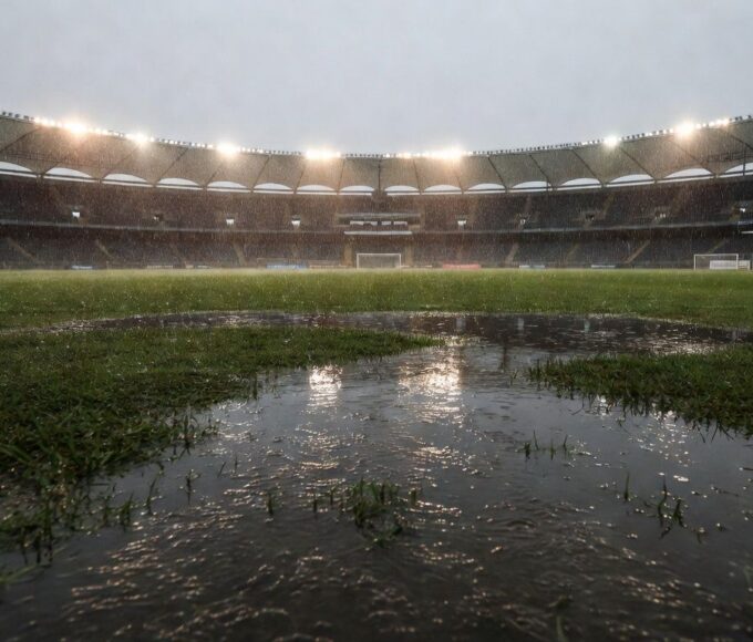 Gramado de futebol alagado por chuva intensa no Candangão, com poças d'água e grama molhada em estádio no DF.