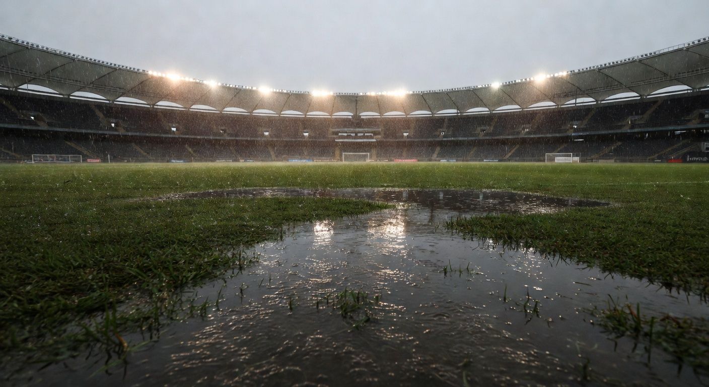 Gramado de futebol alagado por chuva intensa no Candangão, com poças d'água e grama molhada em estádio no DF.