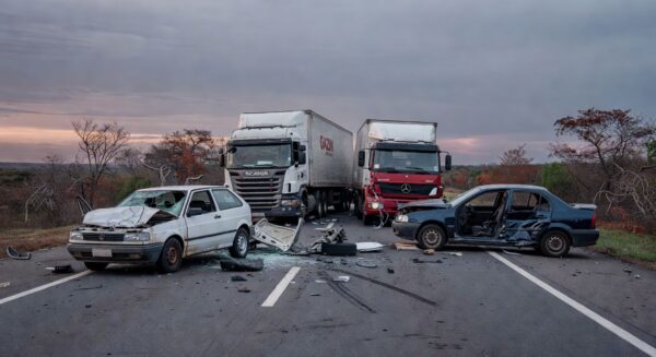 Acidente com quatro veículos na DF-150 em Sobradinho, deixando três feridos, cena de colisão na rodovia do Distrito Federal.