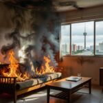 Incêndio em móvel de casa no Distrito Federal após discussão conjugal, com chamas e fumaça em sala de estar residencial.