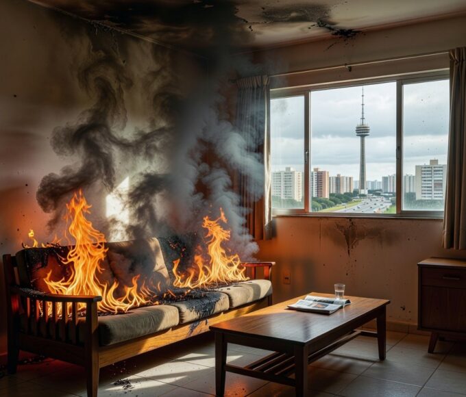 Incêndio em móvel de casa no Distrito Federal após discussão conjugal, com chamas e fumaça em sala de estar residencial.