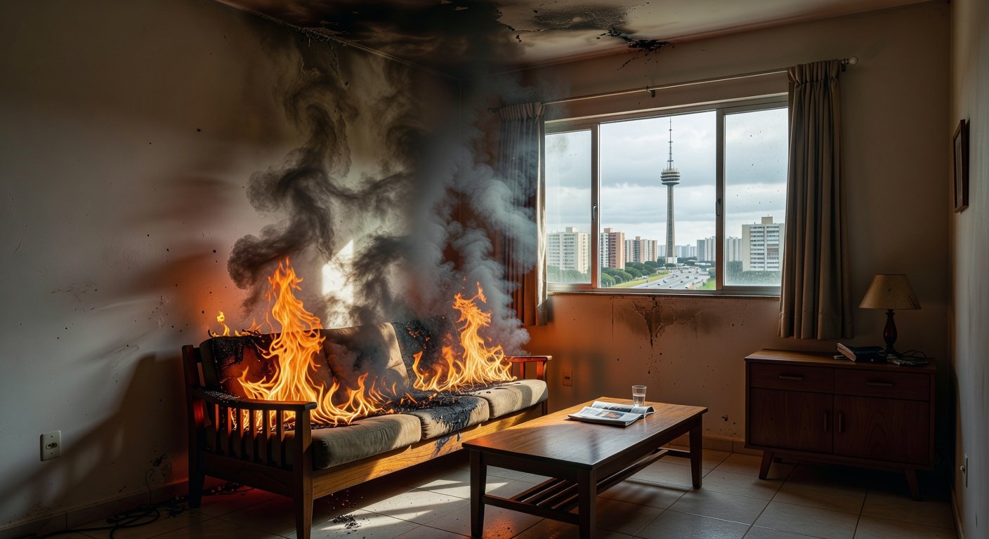 Incêndio em móvel de casa no Distrito Federal após discussão conjugal, com chamas e fumaça em sala de estar residencial.