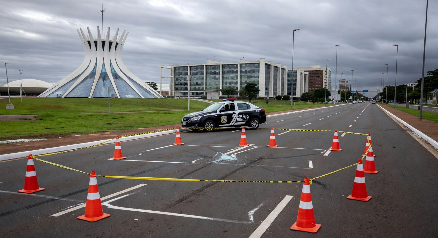 Cena de rua em Brasília com sinais de atropelamento, cones de trânsito e viatura policial, representando acidente no Distrito Federal.