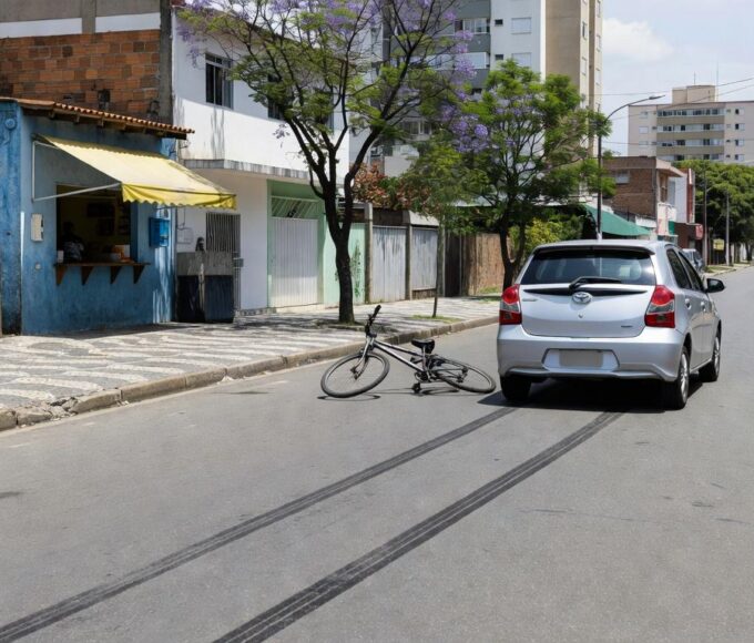 Cena de acidente com bicicleta caída e carro Toyota Etios em rua de Sobradinho, DF, Brasil.
