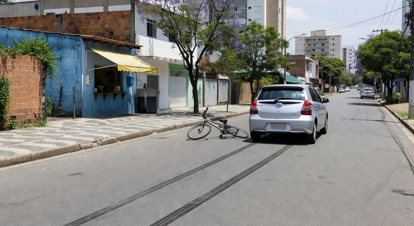 Cena de acidente com bicicleta caída e carro Toyota Etios em rua de Sobradinho, DF, Brasil.