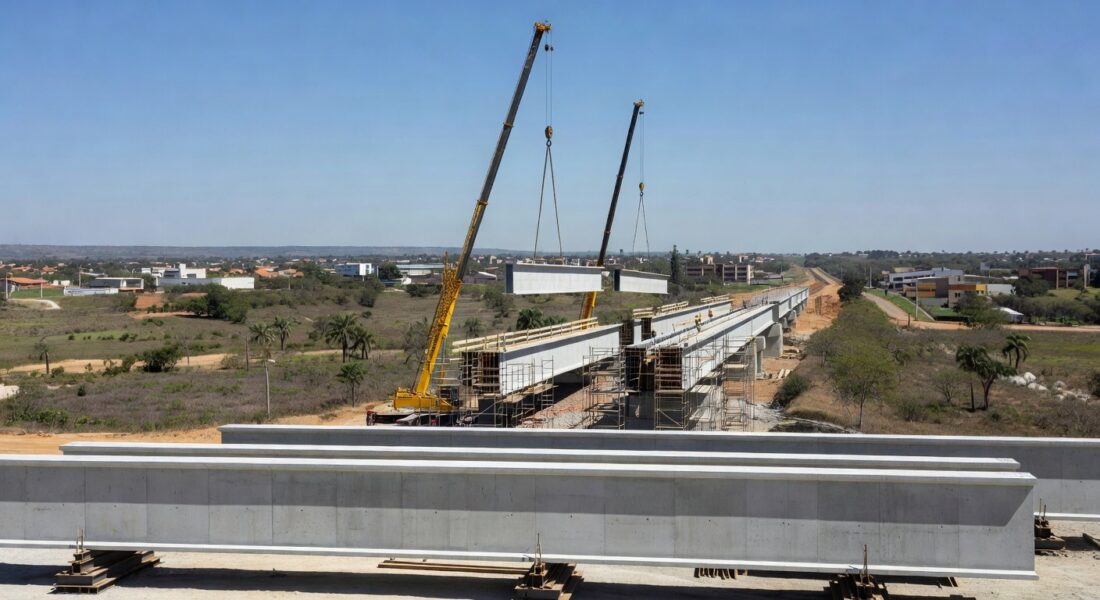 Construção do Viaduto de Planaltina com instalação de vigas na BR-020 no Distrito Federal.