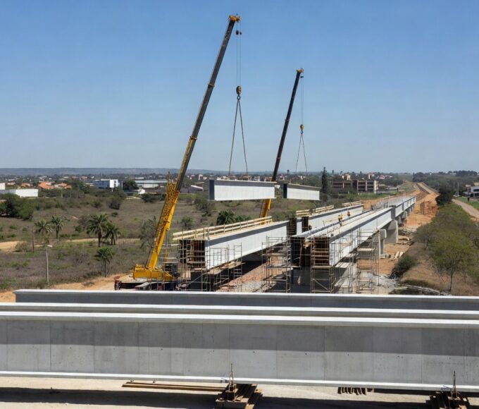 Construção do Viaduto de Planaltina com instalação de vigas na BR-020 no Distrito Federal.