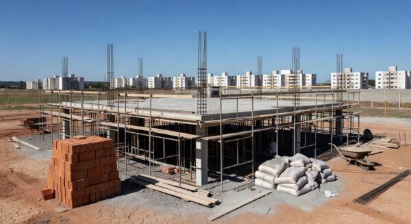 Canteiro de obras rural com laje inacabada no Núcleo Rural Ponte Alta Norte, Gama, após acidente fatal.