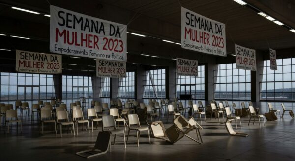 Auditório vazio na CLDF com banners da Semana da Mulher, expondo falhas no empoderamento feminino.