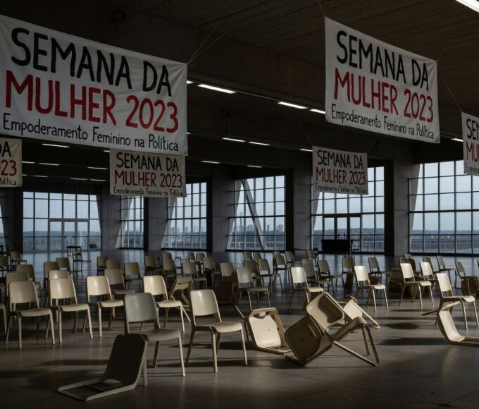 Auditório vazio na CLDF com banners da Semana da Mulher, expondo falhas no empoderamento feminino.