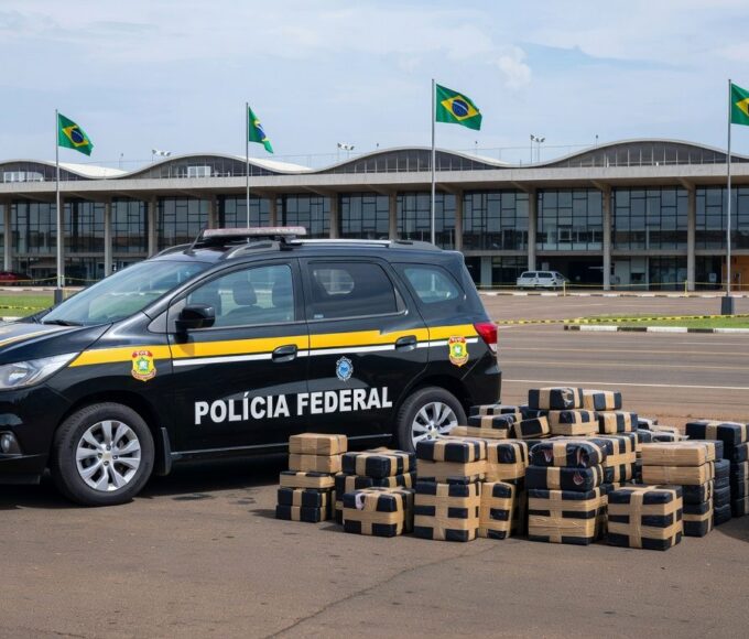 Viaturas da Polícia Federal no Aeroporto de Brasília com pacotes de metanfetamina apreendidos.