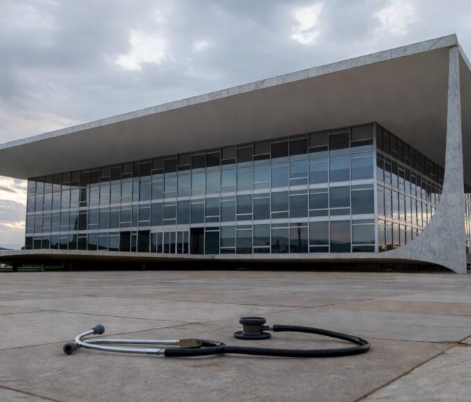 Hospital público deteriorado e viatura policial enferrujada em Brasília, ilustrando falhas na saúde e segurança do DF.