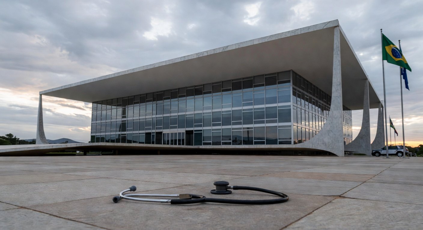 Hospital público deteriorado e viatura policial enferrujada em Brasília, ilustrando falhas na saúde e segurança do DF.