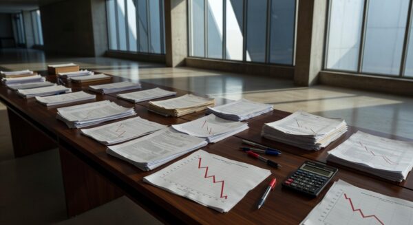 Fachada da CLDF em Brasília com elementos simbólicos de resultados fiscais preocupantes do GDF no 3º quadrimestre de 2025.