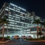 Exterior de hospital em Brasília, representando internação de ex-presidente por broncopneumonia.