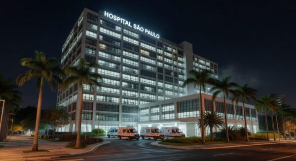Exterior de hospital em Brasília, representando internação de ex-presidente por broncopneumonia.