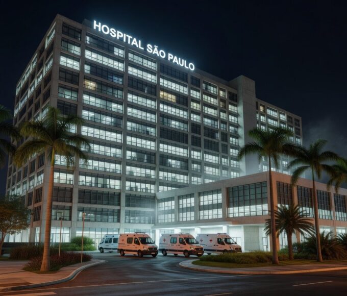 Exterior de hospital em Brasília, representando internação de ex-presidente por broncopneumonia.