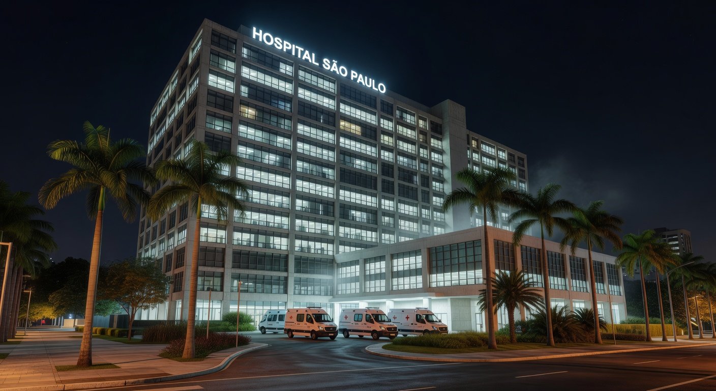 Exterior de hospital em Brasília, representando internação de ex-presidente por broncopneumonia.