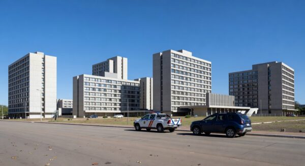 Hotéis no Setor Hoteleiro de Brasília com viaturas de polícia, representando ampliação da Área de Segurança Especial.