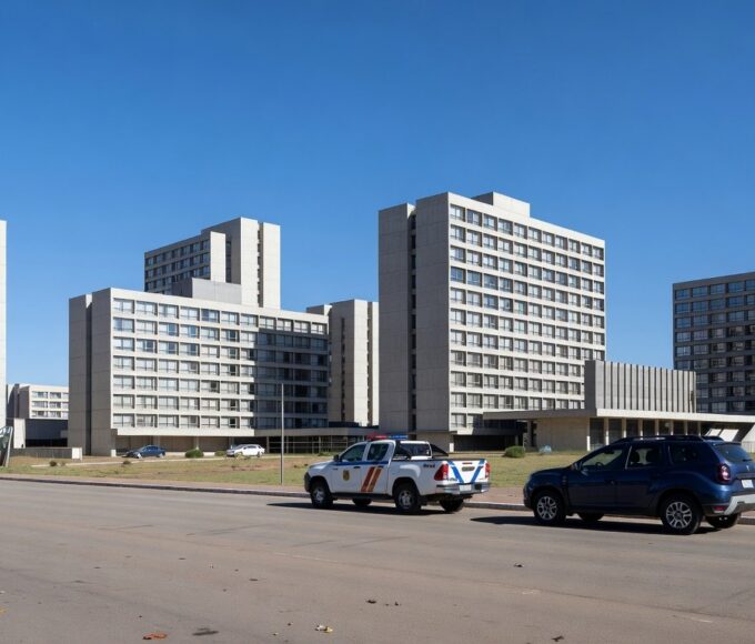 Hotéis no Setor Hoteleiro de Brasília com viaturas de polícia, representando ampliação da Área de Segurança Especial.