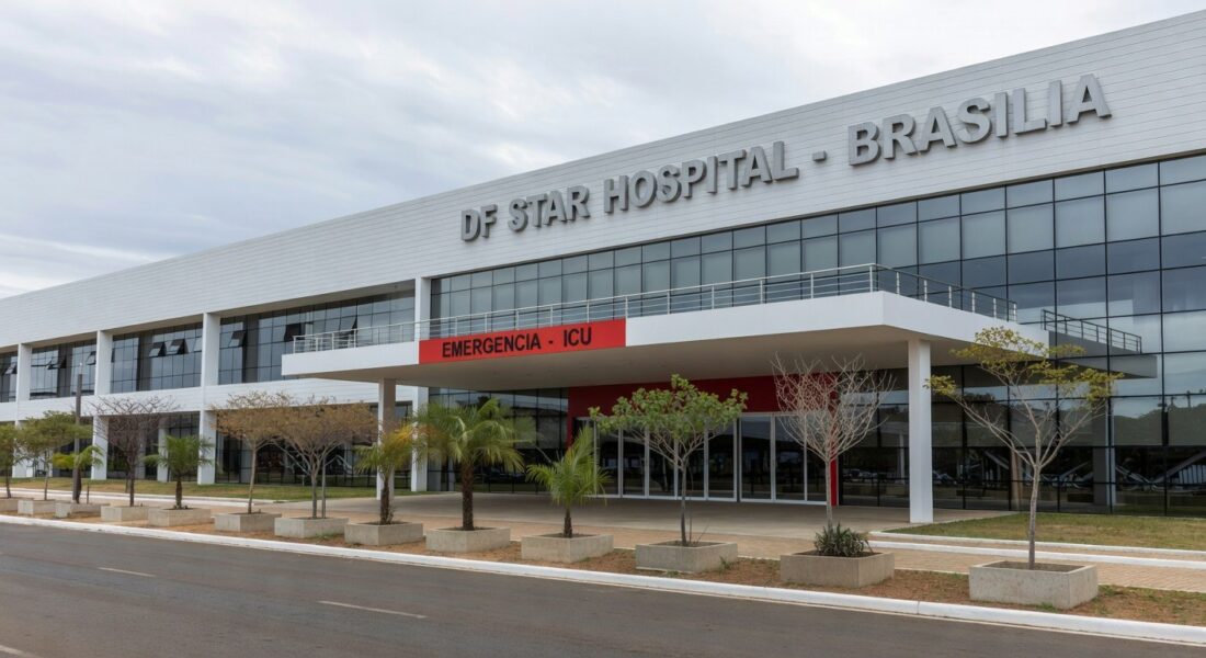 Exterior do Hospital DF Star em Brasília, local de internação de Bolsonaro na UTI com melhora renal e aumento de inflamação.