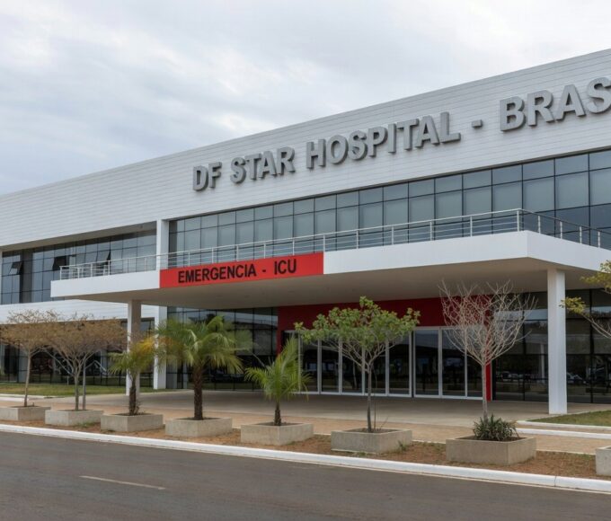 Exterior do Hospital DF Star em Brasília, local de internação de Bolsonaro na UTI com melhora renal e aumento de inflamação.