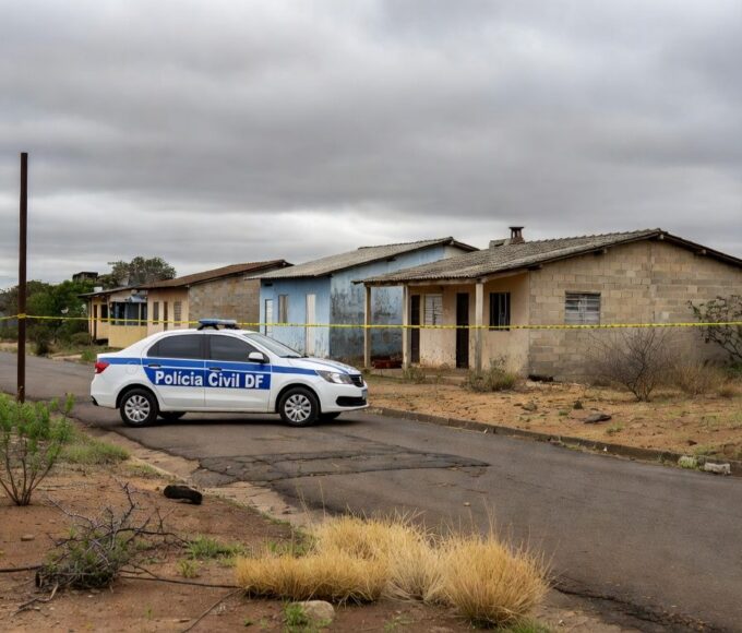 Viatura da PCDF em rua da Estrutural durante investigação de homicídio com tortura e ocultação de cadáver.