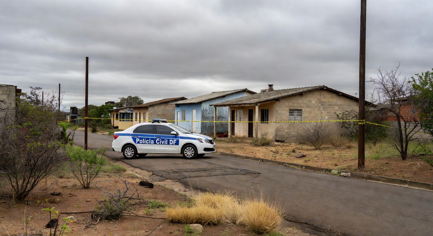 Viatura da PCDF em rua da Estrutural durante investigação de homicídio com tortura e ocultação de cadáver.
