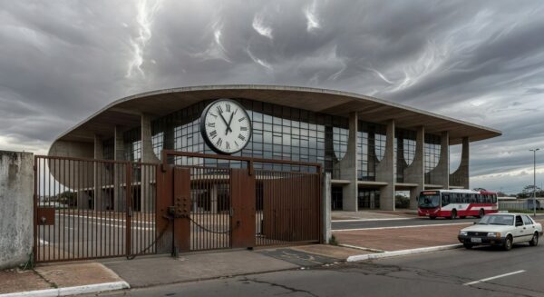 Edifício da Caesb em Brasília com portões fechados e relógio, simbolizando barreiras em vagas de estágio no DF.