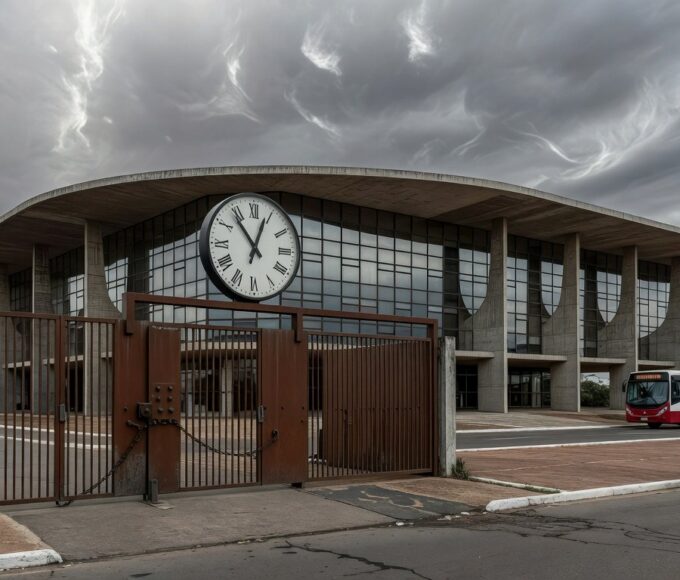 Edifício da Caesb em Brasília com portões fechados e relógio, simbolizando barreiras em vagas de estágio no DF.