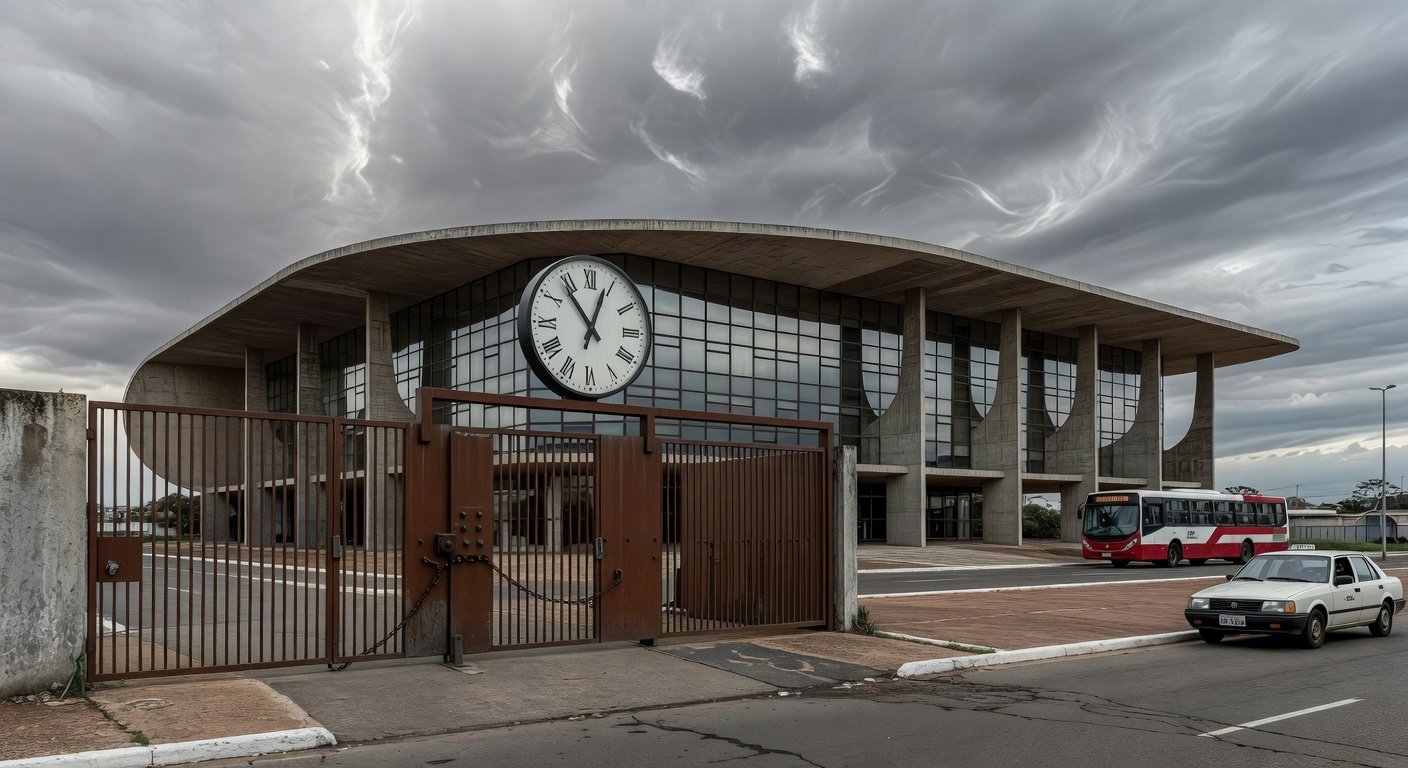 Edifício da Caesb em Brasília com portões fechados e relógio, simbolizando barreiras em vagas de estágio no DF.