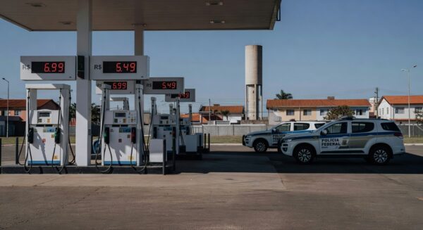 Posto de gasolina no Brasil com preços de combustíveis elevados e viaturas da Polícia Federal ao fundo.