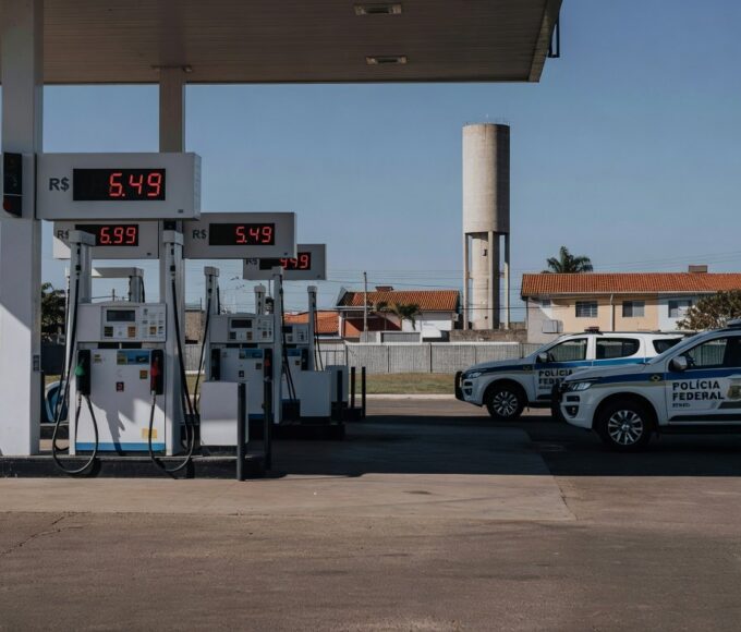 Posto de gasolina no Brasil com preços de combustíveis elevados e viaturas da Polícia Federal ao fundo.