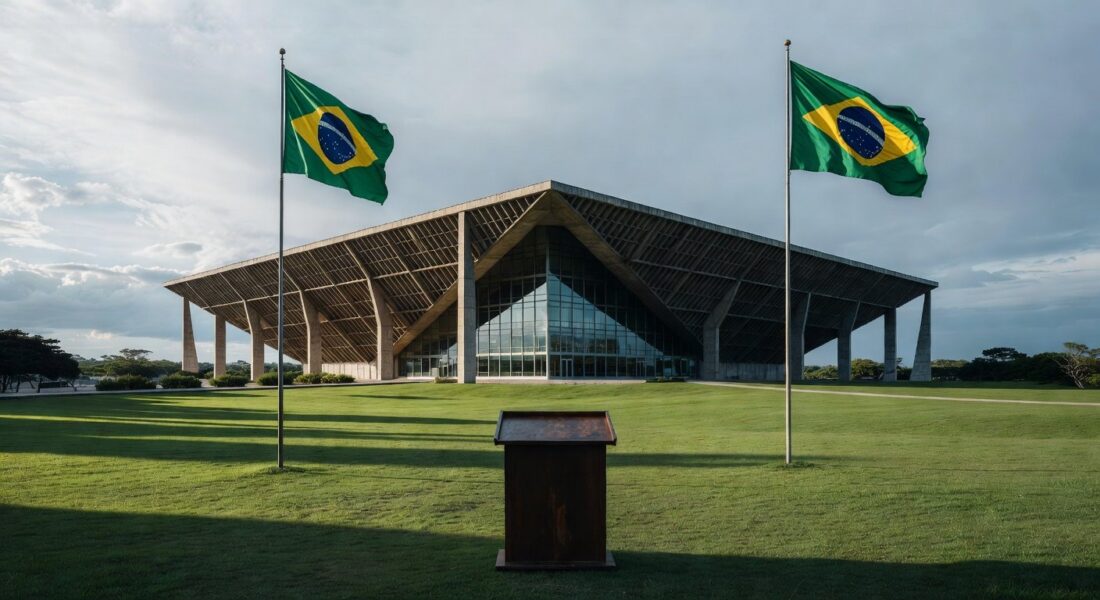 Fachada da CLDF em Brasília com pódio vazio durante cerimônia simbólica do programa Conhecendo o Parlamento.