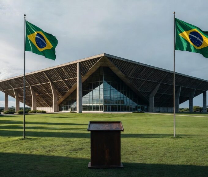 Fachada da CLDF em Brasília com pódio vazio durante cerimônia simbólica do programa Conhecendo o Parlamento.
