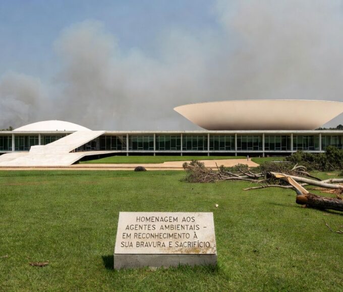 Edifício da CLDF em Brasília com placa de homenagem a agentes ambientais e sinais de degradação ambiental ao fundo.