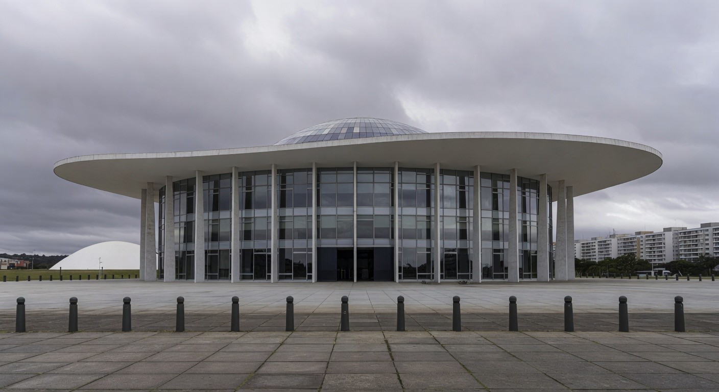 Edifício da CLDF em Brasília com sinais de falhas na governança do DF, como rachaduras e documentos abandonados.