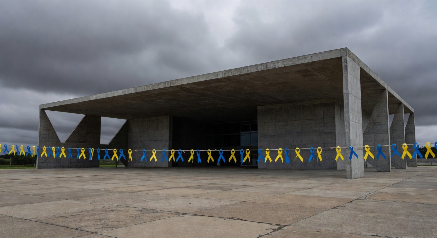 Edifício da CLDF em Brasília com símbolos do Dia da Síndrome de Down, destacando críticas por falta de políticas reais.
