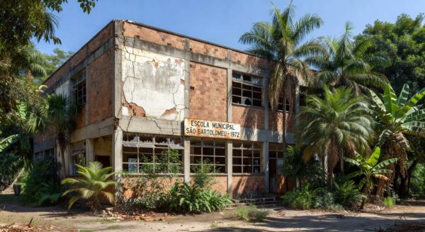 Prédio escolar antigo em Sobradinho com sinais de falta de investimentos, homenageando 60 anos.