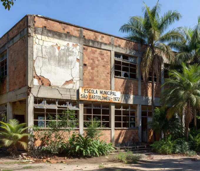 Prédio escolar antigo em Sobradinho com sinais de falta de investimentos, homenageando 60 anos.